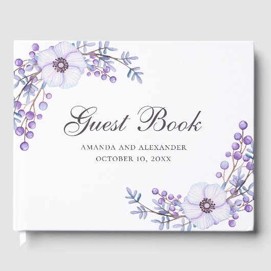 Waterverf paarse bloemen. Violet floral bruiloft Gastenboek (Voorkant)