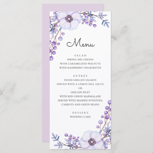Waterverf paarse bloemen. Violet floral bruiloft Menu (Voorkant / Achterkant)