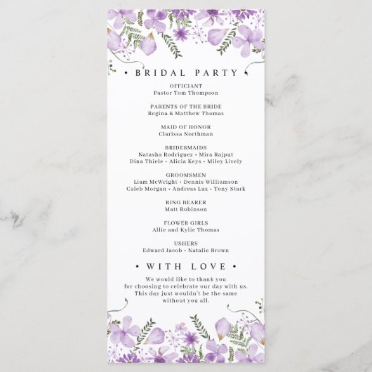 Waterverf Paarse Bloemen Vrijgezellenfeest Program Programmakaart (Achterkant)