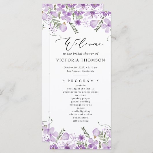 Waterverf Paarse Bloemen Vrijgezellenfeest Program Programmakaart (Voorkant / Achterkant)