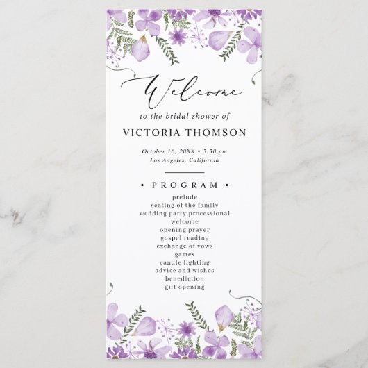 Waterverf Paarse Bloemen Vrijgezellenfeest Program Programmakaart (Voorkant)