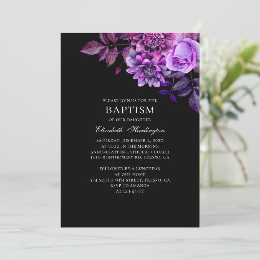 Waterverf paarse bloemen. Zwarte bloemendoop Kaart (Staand voorkant)