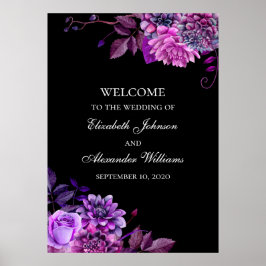 Waterverf paarse bloemen. Zwarte huwelijks-welkom Poster