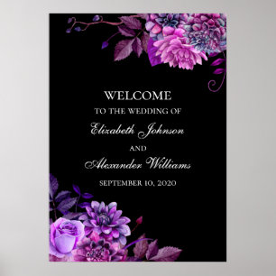 Waterverf paarse bloemen. Zwarte huwelijks-welkom Poster