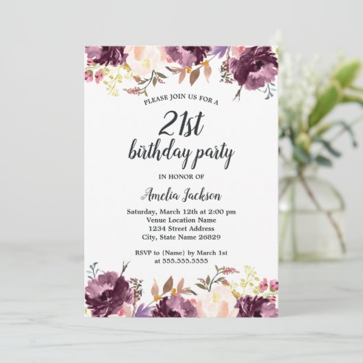 Waterverf Paarse Bloemenbloei 21ste Verjaardagsfee Kaart (Staand voorkant)