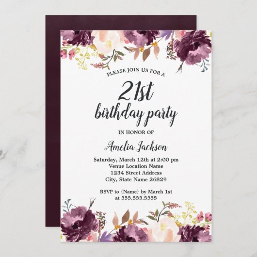 Waterverf Paarse Bloemenbloei 21ste Verjaardagsfee Kaart (Voorkant / Achterkant)