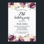 Waterverf Paarse Bloemenbloei 21ste Verjaardagsfee Kaart<br><div class="desc">Floral Birthday-uitnodigingen in de Little Bayleigh Store.</div>