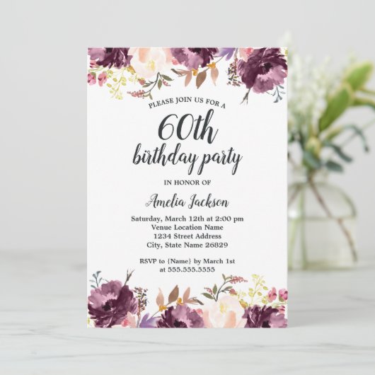 Waterverf Paarse Bloemenbloei 60ste Verjaardagsfee Kaart (Staand voorkant)