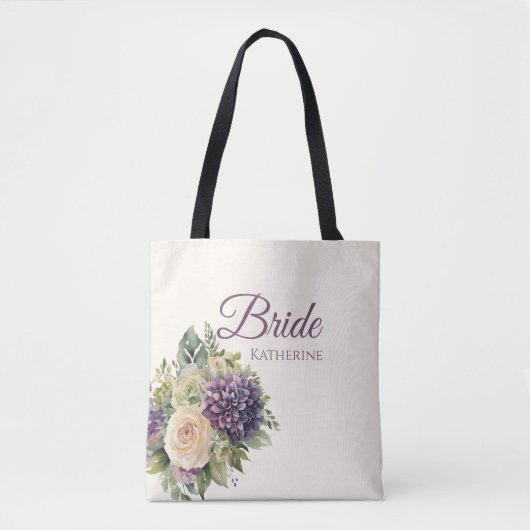Waterverf Paarse bloemenboeket-bruid- Tote Bag (Voorkant)
