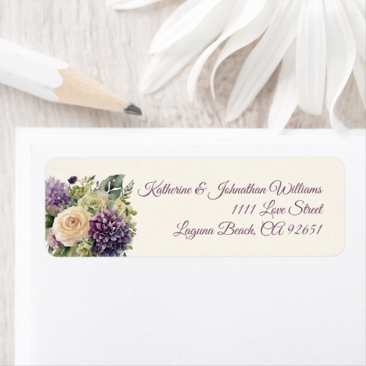 Waterverf Paarse bloemenboeket-bruiloft- Etiket (Insitu)