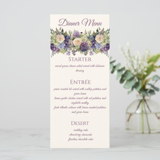 Waterverf Paarse bloemenboeket-bruiloft - Menu (Staand voorkant)