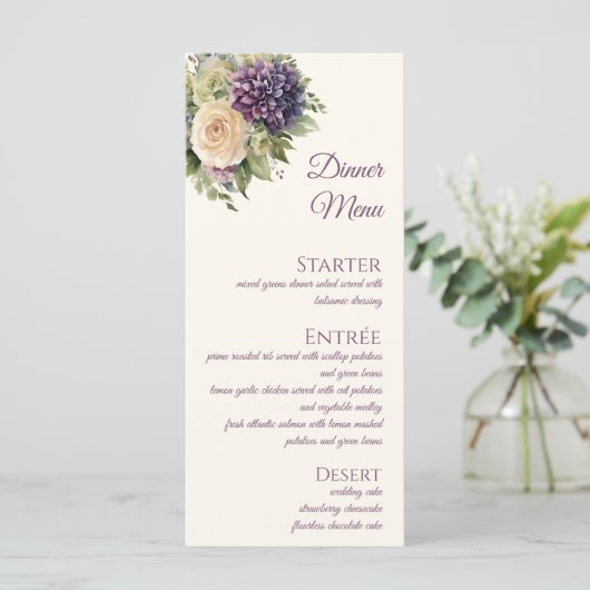 Waterverf Paarse bloemenboeket-bruiloft - Menu (Staand voorkant)