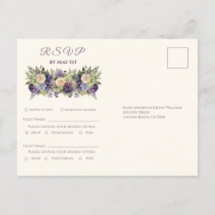 Waterverf Paarse bloemenboeket-bruiloft RSVP- Uitnodiging Briefkaart