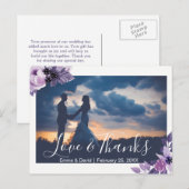 Waterverf Paarse bloemenbruiloft foto dank u Briefkaart (Voorkant / Achterkant)