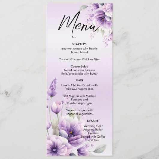 Waterverf Paarse Bloemenbruiloft Menu (Voorkant)