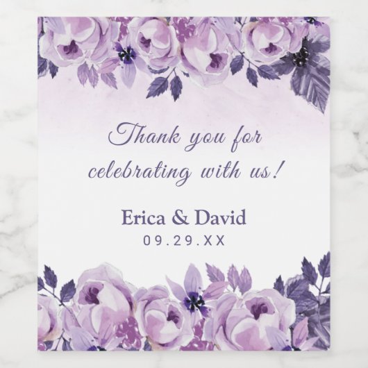 Waterverf Paarse bloemenelegante lentebruiloft Wijn Etiket (Enkel label)