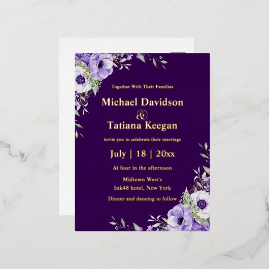 waterverf paarse bloemengouden script bruiloft folie uitnodiging briefkaart (Voorkant / Achterkant)