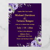 waterverf paarse bloemengouden script bruiloft folie uitnodiging briefkaart (Voorkant)