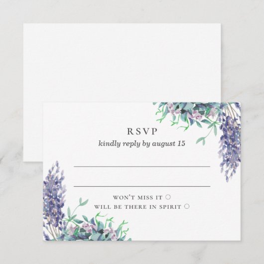 Waterverf paarse bloemenhuwelijk. Lavendelbloemen RSVP Kaartje (Voorkant / Achterkant)