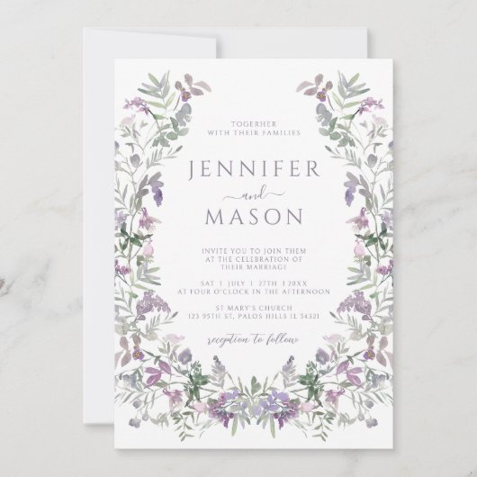 Waterverf paarse bloemenkrans bohemian bruiloft kaart (Voorkant)