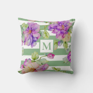 Waterverf paarse bloemensalie groen witte strips kussen