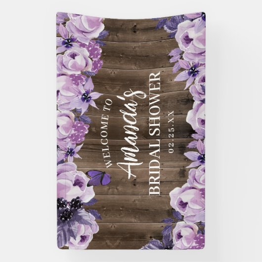 Waterverf Paarse Bloemenschuur Houten Bruiloft Spandoek (Verticaal)