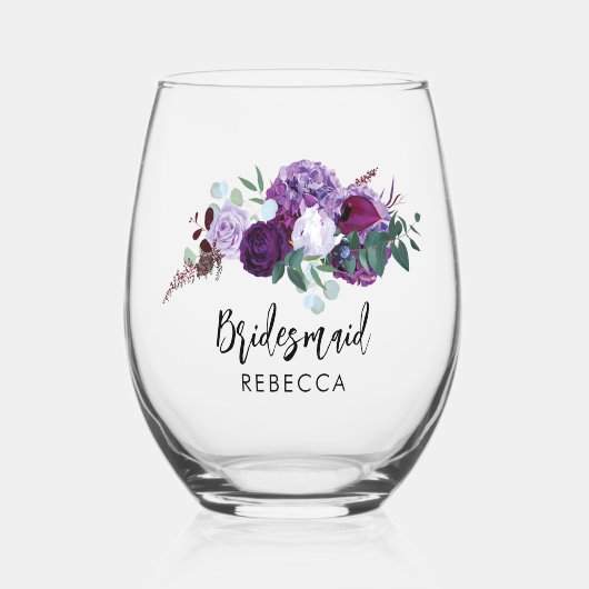 Waterverf Paarse bloemenscript bruiloft bruidsmeis Wijnglas Zonder Voet (Voorkant)