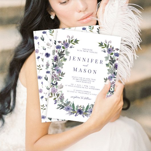 Waterverf paarse bloementuin trouwuitnodiging kaart