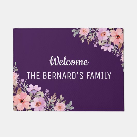 Waterverf paarse bloemenwelkomstscript Deur Mat (Voorkant)