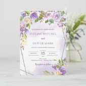Waterverf paarse bloemenzilveren lijst bruiloft kaart (Staand voorkant)
