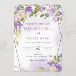 Waterverf paarse bloemenzilveren lijst bruiloft kaart