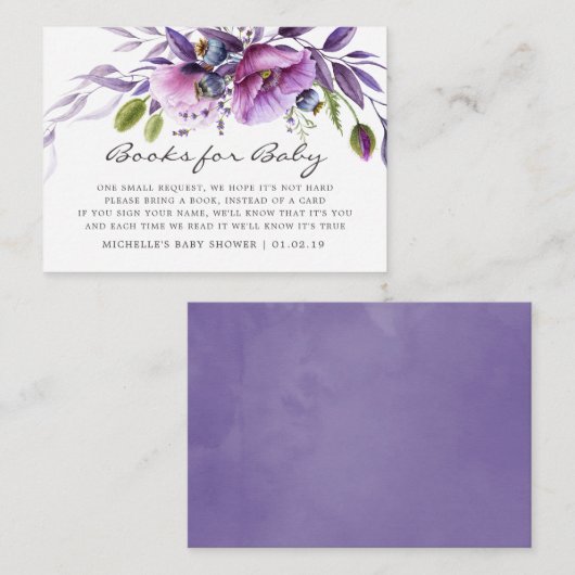 Waterverf Paarse Bloemige Baby Shower Boek Verzoek Informatiekaartje (Voorkant / Achterkant)