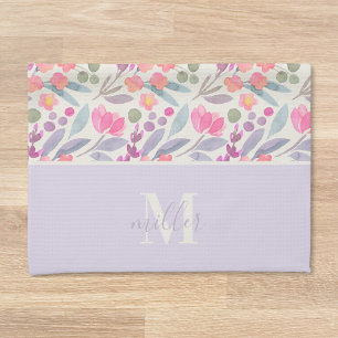 Waterverf Paarse Bloemige Familienaam Monogram Theedoek