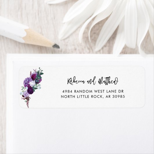 Waterverf Paarse Bloemige Script Retouradres Etiket (Insitu)