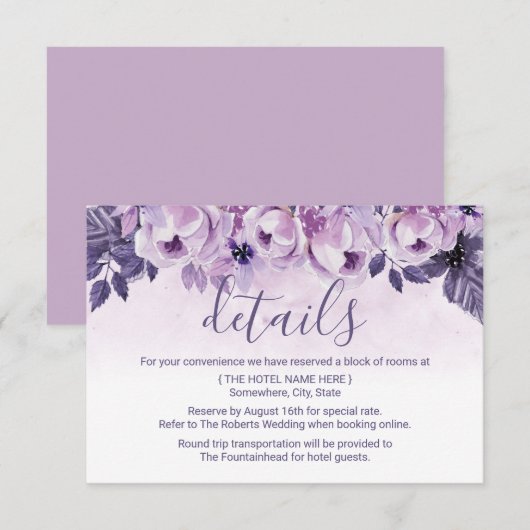 Waterverf Paarse Bloemige Trouwdetails Kaart (Voorkant / Achterkant)