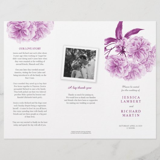 Waterverf paarse bloesem bruiloft trifold programm flyer (Voorkant)