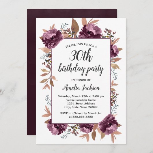 Waterverf Paarse Bloom 30e verjaardag uitnodiging (Voorkant / Achterkant)