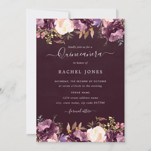 Waterverf Paarse Bloom Quinceanera Invitation Kaart (Voorkant)