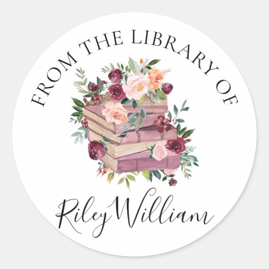 Waterverf Paarse Boek en Rozen Bookplate Sticker (Voorkant)