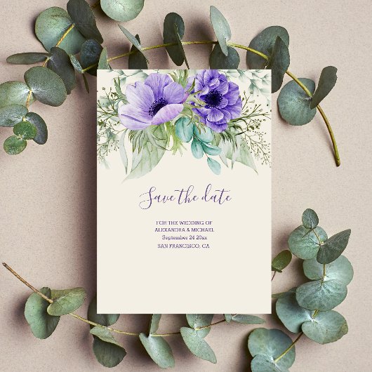 Waterverf Paarse botanische bruiloft bespaart datu Save The Date