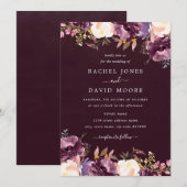 Waterverf Paarse Bourgondische bloemenbruiloft Kaart (Voorkant / Achterkant)