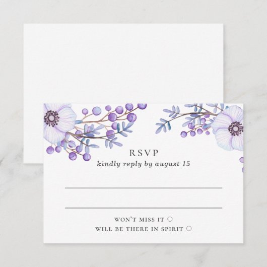 Waterverf paarse bruiloft. Lila botanisch RSVP Kaartje (Voorkant / Achterkant)
