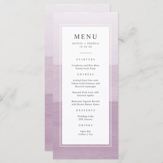 Waterverf Paarse bruiloft Menu (Voorkant / Achterkant)