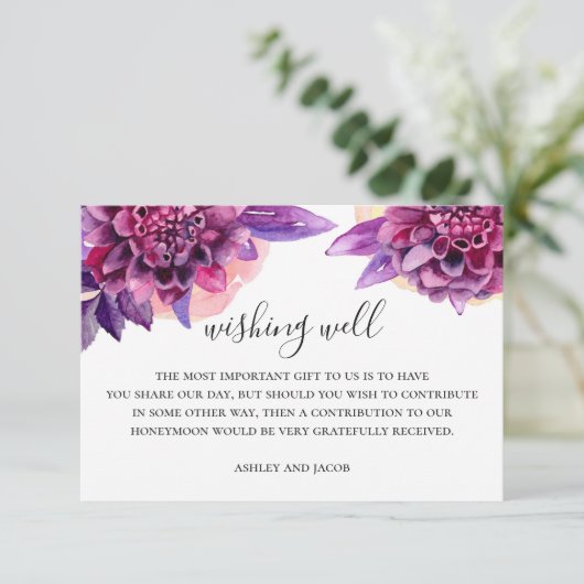 Waterverf paarse bruiloft met goede wensen informatiekaartje (Staand voorkant)