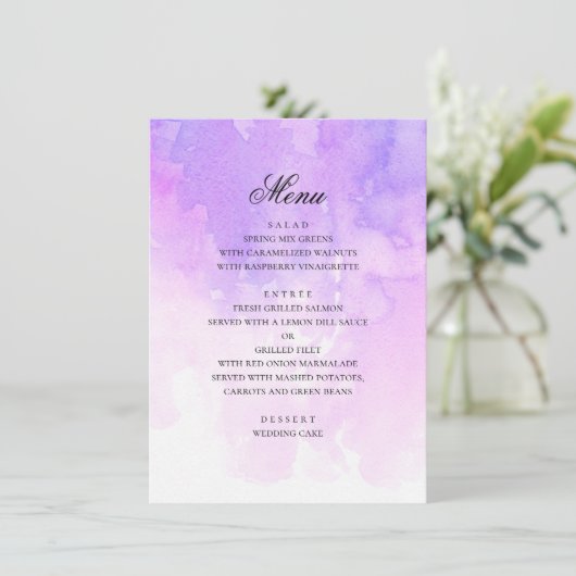 Waterverf paarse bruiloft. Romantische lavendel Menu (Staand voorkant)