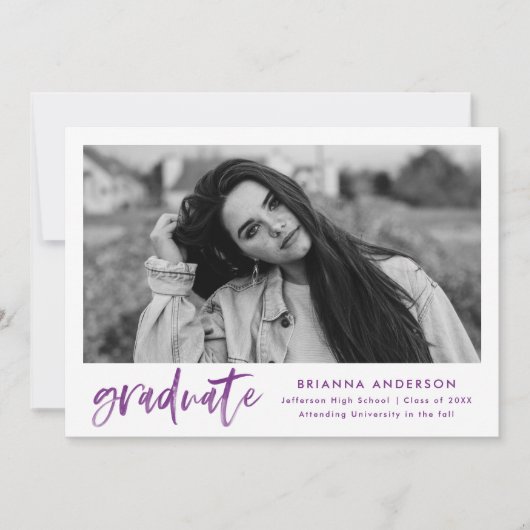 Waterverf Paarse Brush Script Graduation Party Kaart (Voorkant)