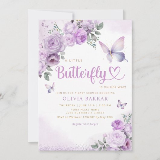 Waterverf Paarse Butterfly Baby Girl Shower Kaart (Voorkant)