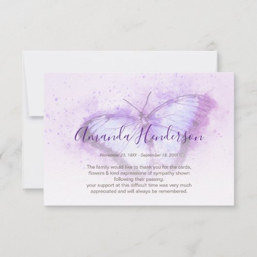 Waterverf Paarse Butterfly Memorial Dank u Bedankkaart (Voorkant)