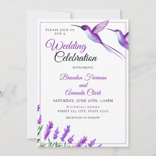 Waterverf Paarse Chic Bloemen Hummingbird bruiloft Kaart (Voorkant)