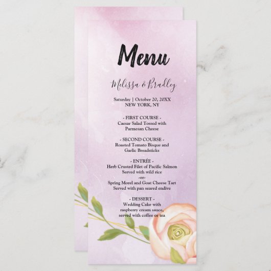 waterverf paarse chique bloemenbruiloft Menu (Voorkant / Achterkant)